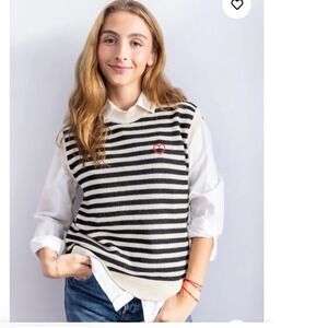 Yapa Laura Blue Beige Striped Baby Alpaca Sweater Vest Embroidered  Size XS